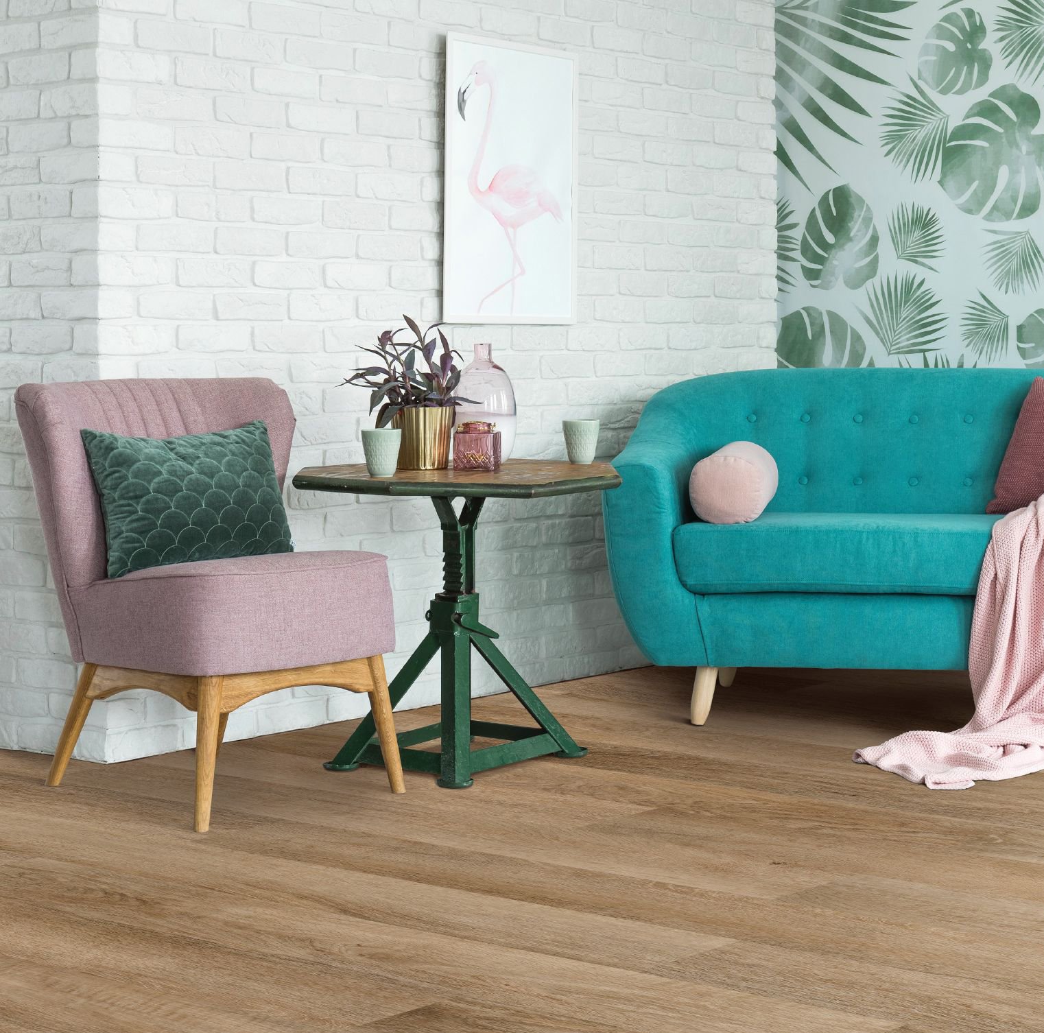 pink armchair and teal couch